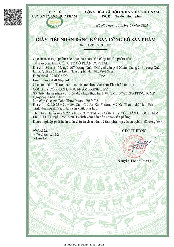 Trang 1/4 – Giấy tiếp nhận đăng ký bản công bố sản phẩm 3459/2021/ĐKSP