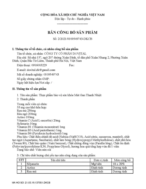Trang 2/4 – Giấy tiếp nhận đăng ký bản công bố sản phẩm 3459/2021/ĐKSP
