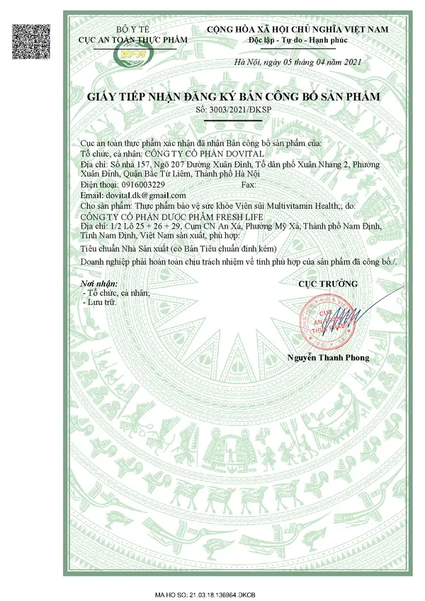 Trang 1/5 – Giấy tiếp nhận đăng ký bản công bố sản phẩm 3003/2021/ĐKSP
