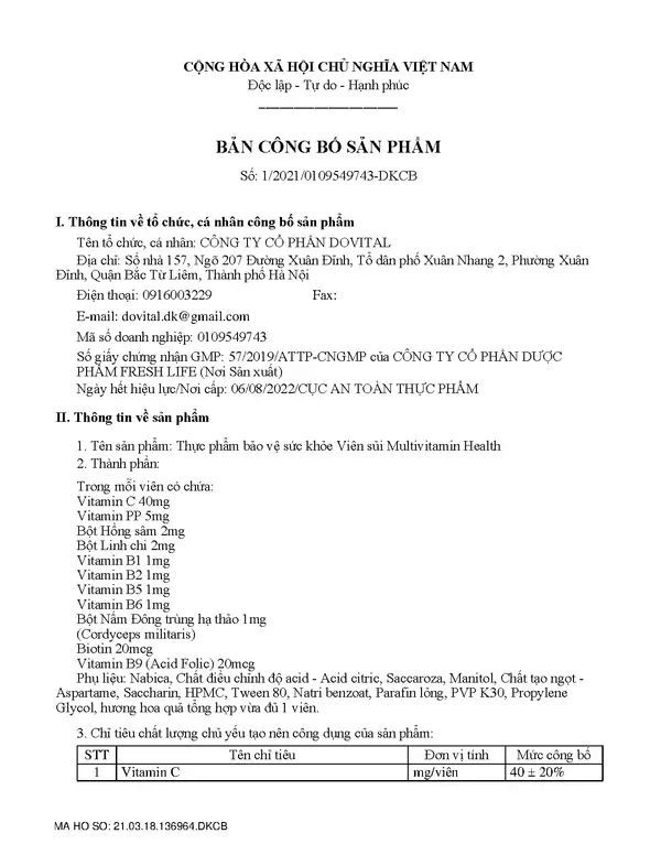 Trang 2/5 – Giấy tiếp nhận đăng ký bản công bố sản phẩm 3003/2021/ĐKSP