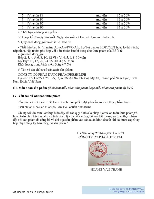 Trang 3/5 – Giấy tiếp nhận đăng ký bản công bố sản phẩm 3003/2021/ĐKSP