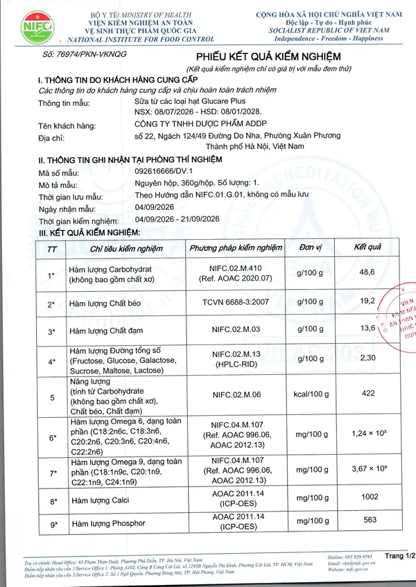 Trang 1/2 – Phiếu kiểm nghiệm thành phần dinh dưỡng – hộp 360 g 76974/PKN-VKNQG