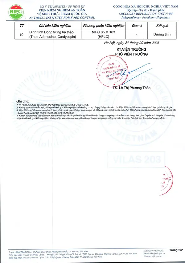 Trang 2/2 – Phiếu kiểm nghiệm thành phần dinh dưỡng – hộp 360 g 76974/PKN-VKNQG