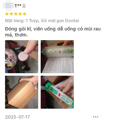 Đánh giá 5 sao trên TikTok Shop của T**, phân loại 1 Tuýp, Sủi mát gan Dovital: Đóng gói kĩ, viên uống dễ uống có mùi rau má, thơm.