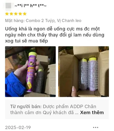 Đánh giá 5 sao trên TikTok Shop của ~**i I** h** t**~, phân loại Combo 2 Tuýp, Vị Chanh leo: Uống khá là ngon dễ uống cực ms đc một ngày nên chx thấy thay đổi gì lam nếu dùng xog tui sẽ mua tiếp