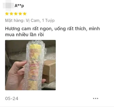 Đánh giá 5 sao trên TikTok Shop của A**p, phân loại Vị Cam, 1 Tuýp: Hương cam rất ngon, uống rất thích, mình mua nhiều lần rồi