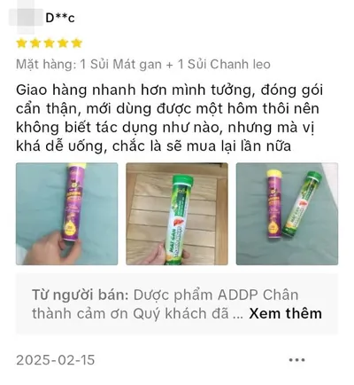 Đánh giá 5 sao trên TikTok Shop của D**c, phân loại 1 Sủi Mát gan + 1 Sủi Chanh leo: Giao hàng nhanh hơn mình tưởng, đóng gói cẩn thận, mới dùng được một hôm thôi nên không biết tác dụng như nào, nhưng mà vị khá dễ uống, chắc là sẽ mua lại lần nữa