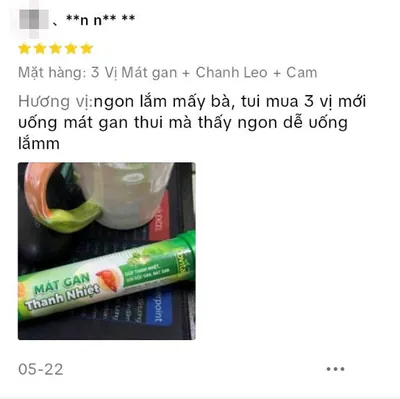 Đánh giá 5 sao trên TikTok Shop của **n n** **, phân loại 3 Vị Mát gan + Chanh Leo + Cam: Hương vị:ngon lắm mấy bà, tui mua 3 vị mới uống mát gan thui mà thấy ngon dễ uống lắmm