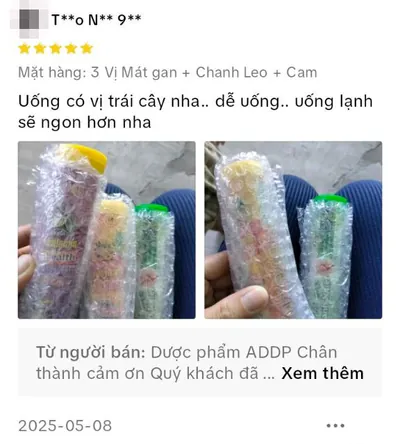 Đánh giá 5 sao trên TikTok Shop của T**o N** 9**, phân loại 3 Vị Mát gan + Chanh Leo + Cam: Uống có vị trái cây nha.. dễ uống.. uống lạnh sẽ ngon hơn nha