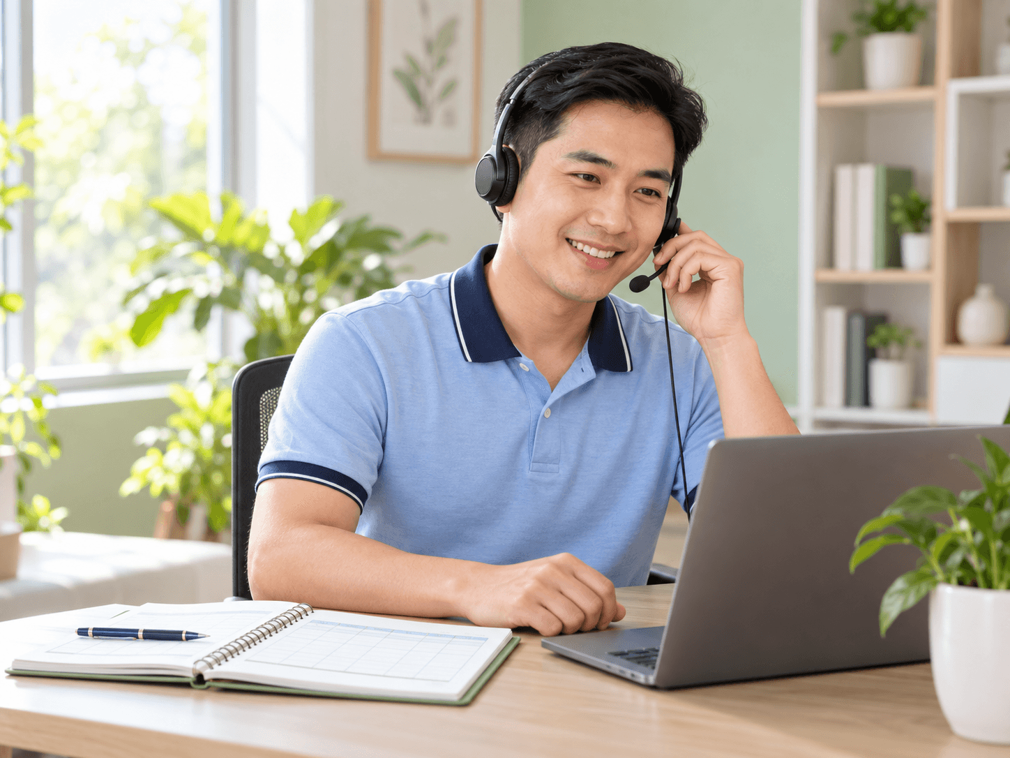 Minh họa chuyên viên lắng nghe cuộc gọi bên sổ theo dõi sức khỏe gia đình