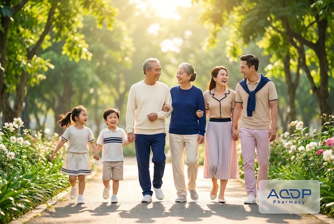 Gia đình nhiều thế hệ cùng đi dạo trong công viên