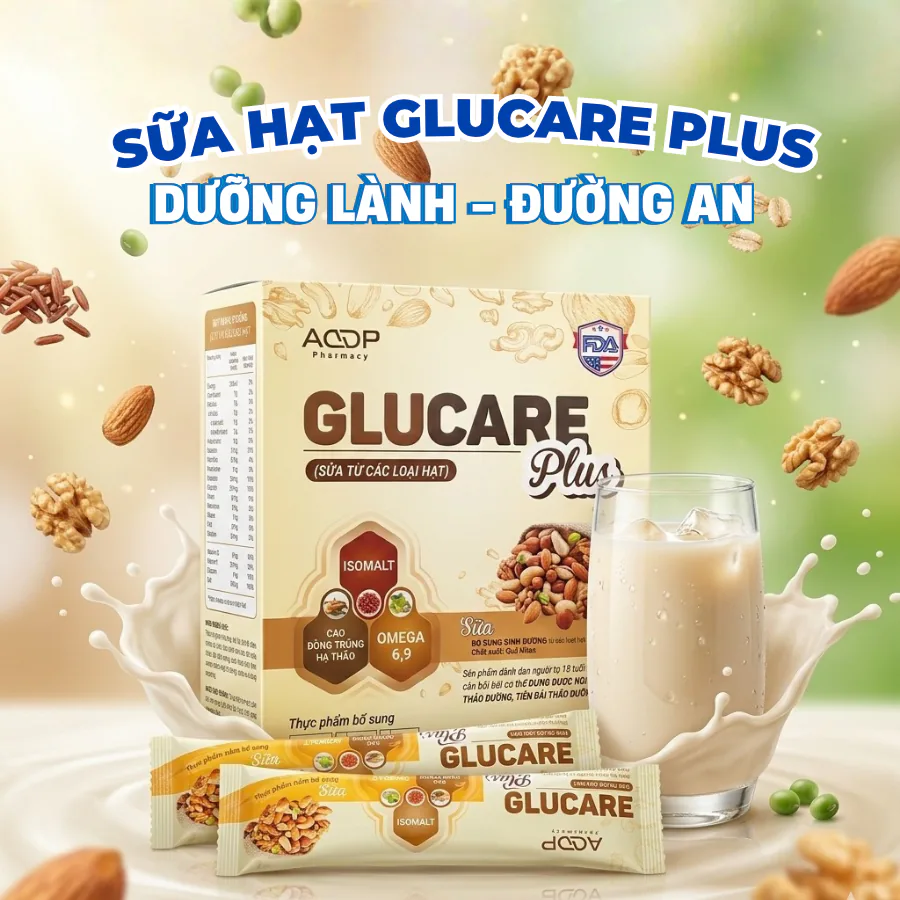 Hộp Glucare Plus cùng gói nhỏ và ly sữa